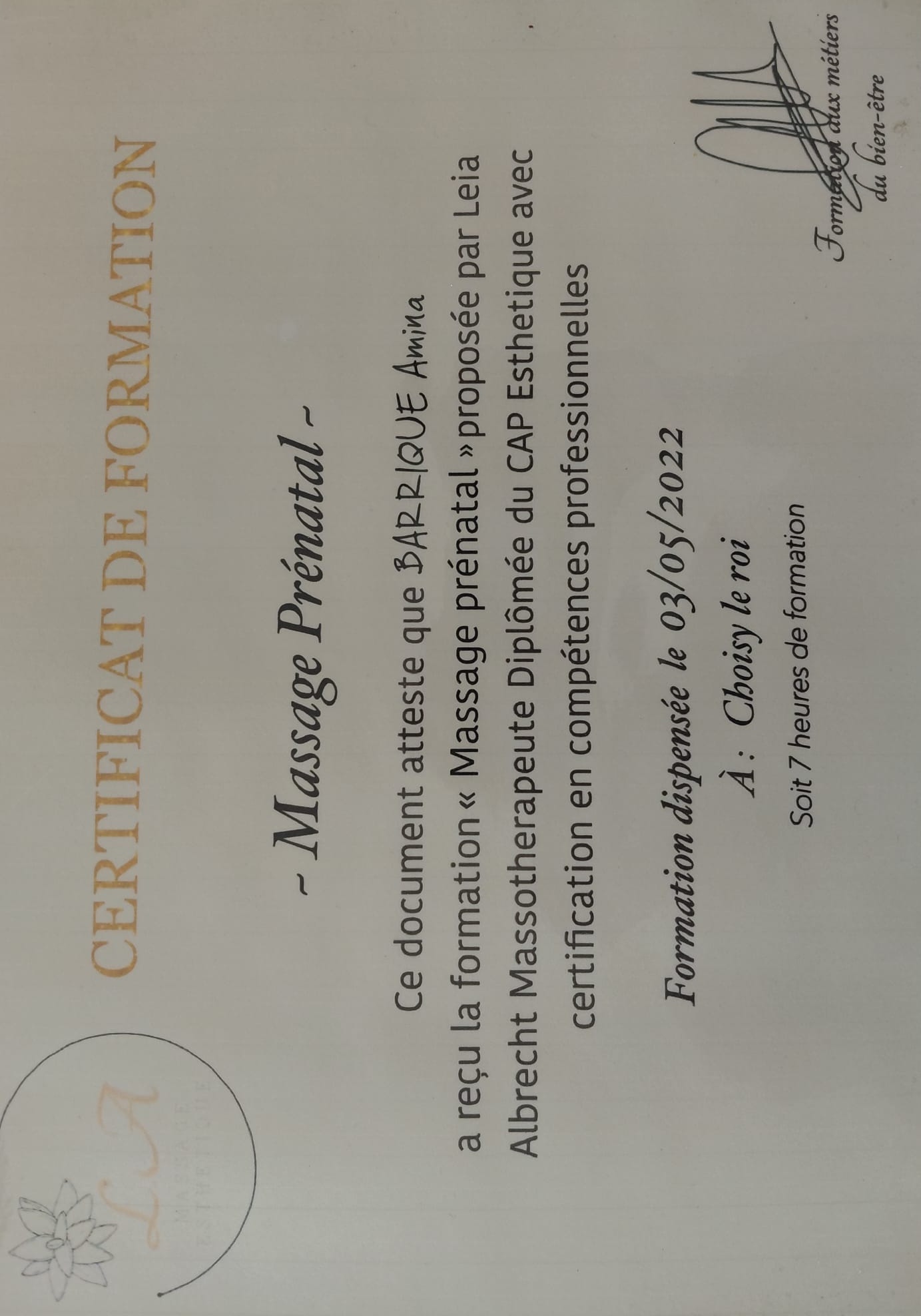 Certificat Massage Prénatal