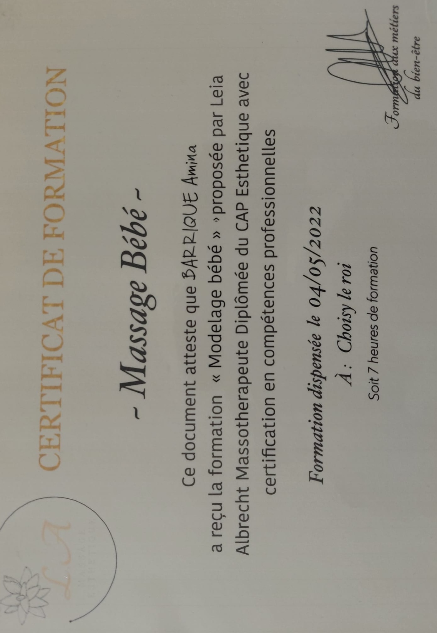 Certificat Massage Bébé